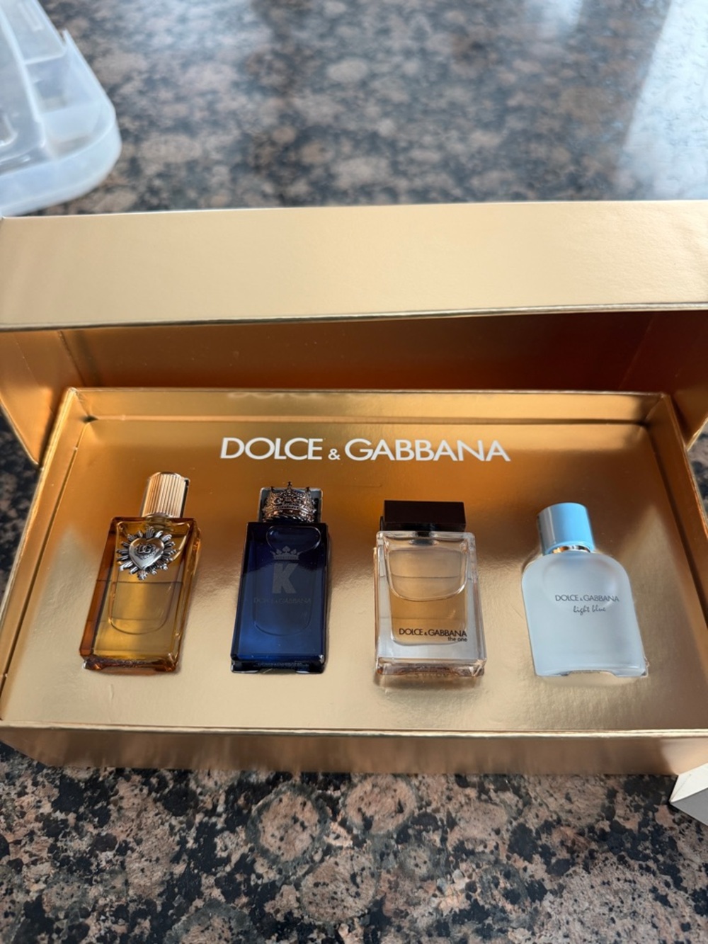 Dolce & Gabbana Mini Fragrance Set — Gold, Blue, Clear, White Bottles